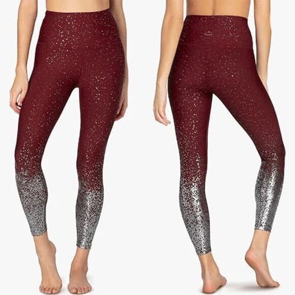 Beyond Yoga Pants - Women's Burgundy and Silver Glitter Leggings